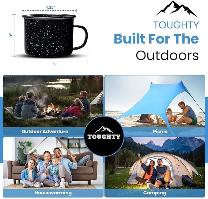 Toughty Enamel Camping Mug – Retro Vintage Campfire Tin Cup, Rustic Backpacking Mug for Hiking, Coffee, Farmhouse, Diner, Hot Drinks, Tinware, and Backpacking Gear – Set of 4 – Black – 16 Oz