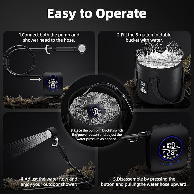 8000mAh Portable Camping Shower, Upgrade Rechargeable Electric Shower Pump with 5 Gallon Bucket, Intelligent LED Display,Portable Shower for Outdoor