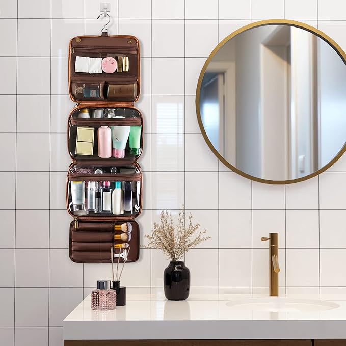 Elviros Hanging Toiletry Bag for Men Travel Essentials 3-in-1 Large Waterproof Dopp Kit PU Leather Shaving Bag with Separate Compartments for Grooming and Toiletries