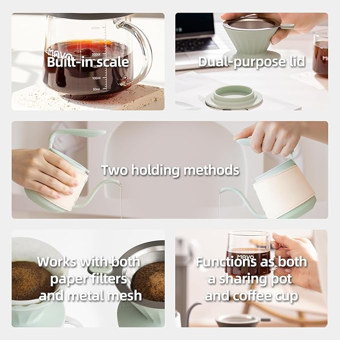 Pour Over Coffee Maker Set, Pour Over Kettle, Coffee Dripper, Glass Coffee Server with Scale, Stainless Steel Filter (Grey)