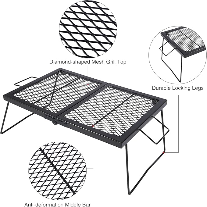 Folding Campfire Grill Grate, Portable Heavy Duty Steel Over Fire Camp Grill for Outdoor Camping Cooking Fire Pit, Black Folded in Half