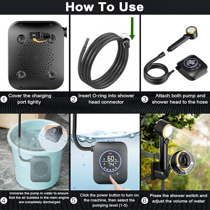 Upgraded 8000mAh & 5 Speed Portable Shower for Camping, LCD Display Rechargeable Camping Shower Head with 4 Spray Modes, IPX8 Waterproof Pocket Outdoor Shower Pump for Hiking, Travel, Car, Pet