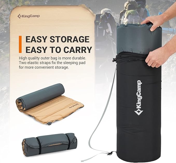 KingCamp Self Inflating Air Mattress, R 6.5 Foam Sleeping Pad for Single Adult 3" Thick Camping Mat Camping Essentials with Perforated Foam Core for Outdoor Tent Cot Car Backpacking (Khaki/Charcoal)