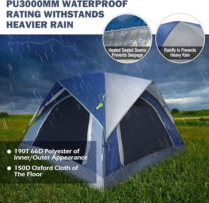 3 Person Tents for Camping, HIKERBRO Small Dome Tent with 2 Upgraded Doors & Half Mesh Ceiling, Waterproof 4 Person Camping Tent with Removable Rainfly, 2/3/4 Person Easy Up Tents for Hiking Traveling