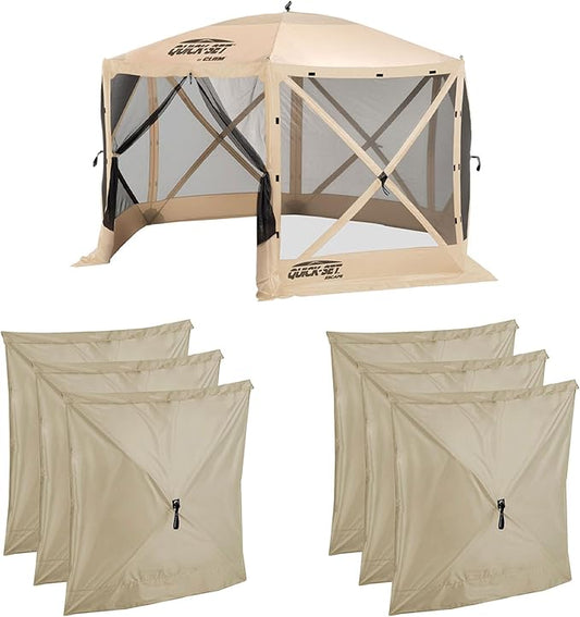 CLAM Quick-Set Escape 12 x 12 Foot Portable Pop Up Camping Outdoor Gazebo 6 Sided Canopy Shelter + 2 Pack of Wind and Sun Panels