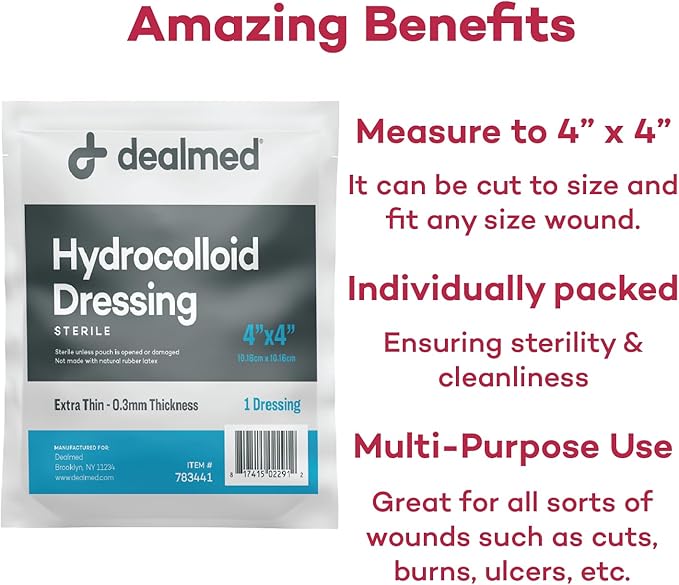 Dealmed Hydrocolloid Dressings Extra Thin 4” x 4” Bandages Wound Care Products for First Aid Kits, Individually Packed (10/Box)