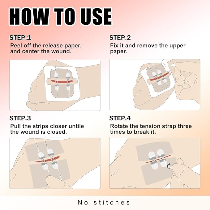 Carbou Emergency Wound Closure Strips - 4 Pcs - Zip Stitch Butterfly Bandaids - Laceration Closure Kit - Stitchless & Easy to Use