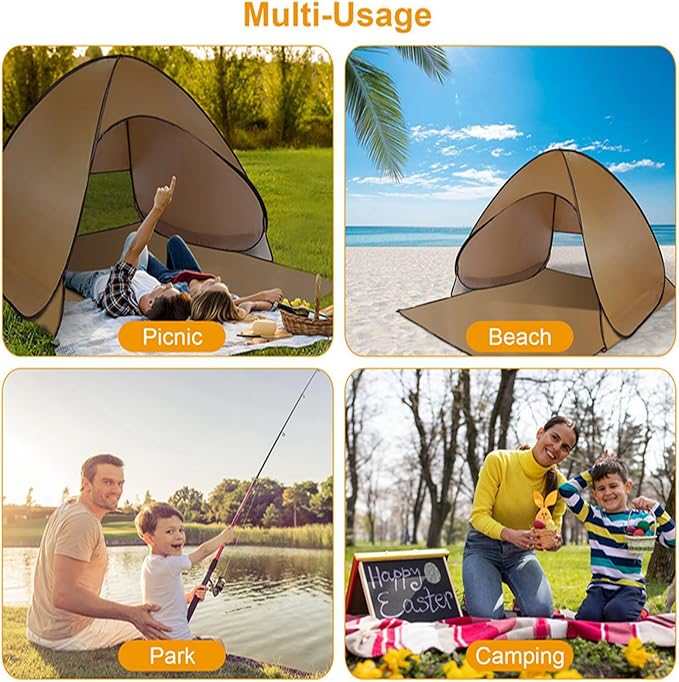 Pop Up Beach Tent for 2-3 Person, UPF50+ Anti-UV Sun Shelter w/Storage Bag, Portable Waterproof Instant Sun Shade Canopy for Outdoor Beach Camping Hiking Travel Family, Coffee