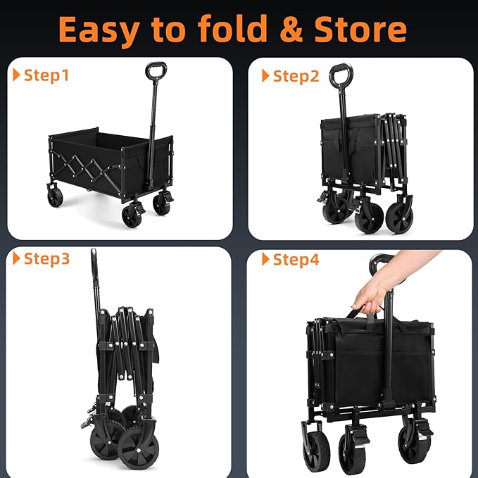 CAMTOP Collapsible Wagon Cart Foldable Wagon Portable Heavy Duty Folding Wagons with Braking Wheels Lightweight Outdoor Utility Wagon for Shopping, Sports, Camping, Garden, Grocery, Beach (Black)