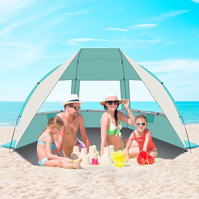 Gorich Portable Beach Tent for 3-7 Person with UPF 50+ UV Protection, Lightweight & Foldable Sun Shelter with 5 Sand Bags, Easy Setup Windproof Beach Umbrella Sun Shade