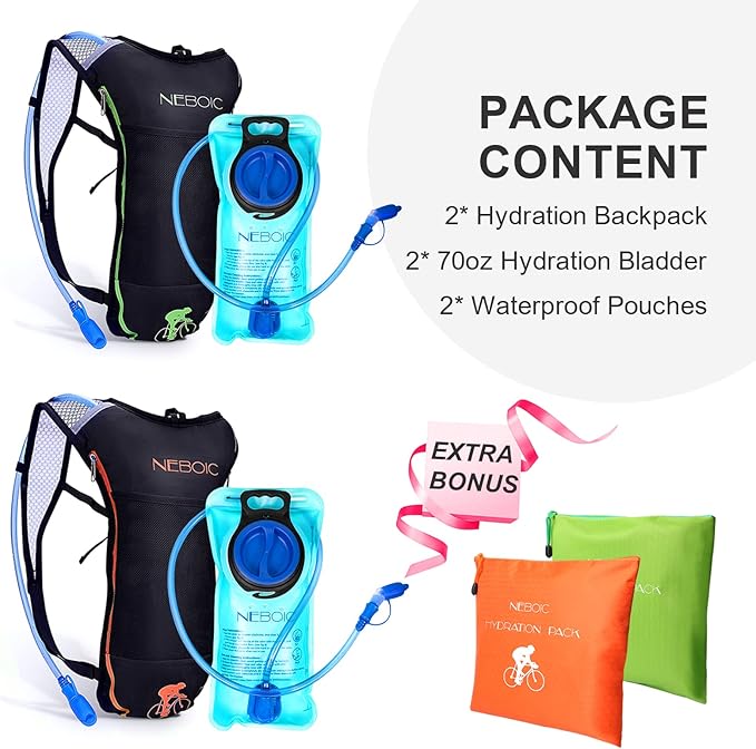 2Pack Hydration Backpack Pack with 2L Hydration Bladder - Lightweight Water Backpack Keeps Water Cool up to 4 Hours with Big Storage for Kids Women Men Hiking Cycling Camping Music Festival