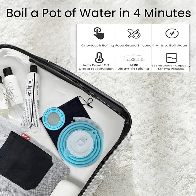 Travel Kettle Electric Foldable, Portable Electric Kettle, Collapsible Kettle Silicone + Paperless Collapsible Coffee Dripper, Travel Pour Over Coffee Maker 1 Cup (Blue)