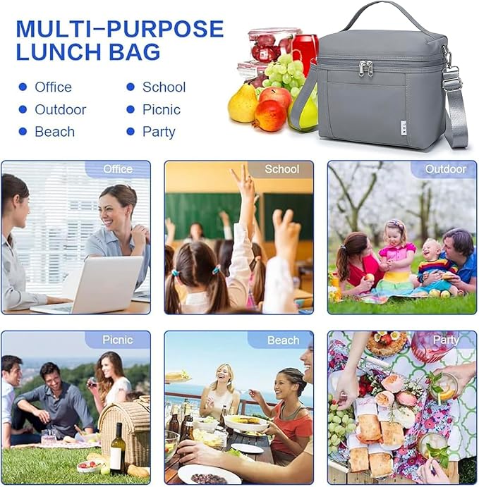 NOL Natural Organic Lifestyle Insulated Lunch Bags for Women Cooler Bag Lightweight Nylon Waterproof Lunch Box For Work (Small, Light gray)