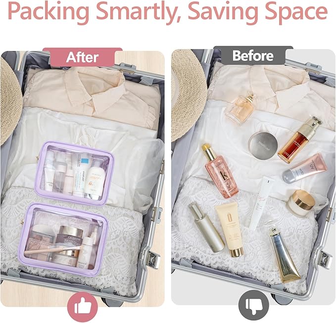 PACKISM TSA Approved Toiletry Bag - Upgrade Color-Edged Clear Makeup Bag, Unique Appearance, 2 Pack Hold Lots of Items, Reusable Clear Toiletry Bags for Travel Essentials, Purple (2 Sizes)