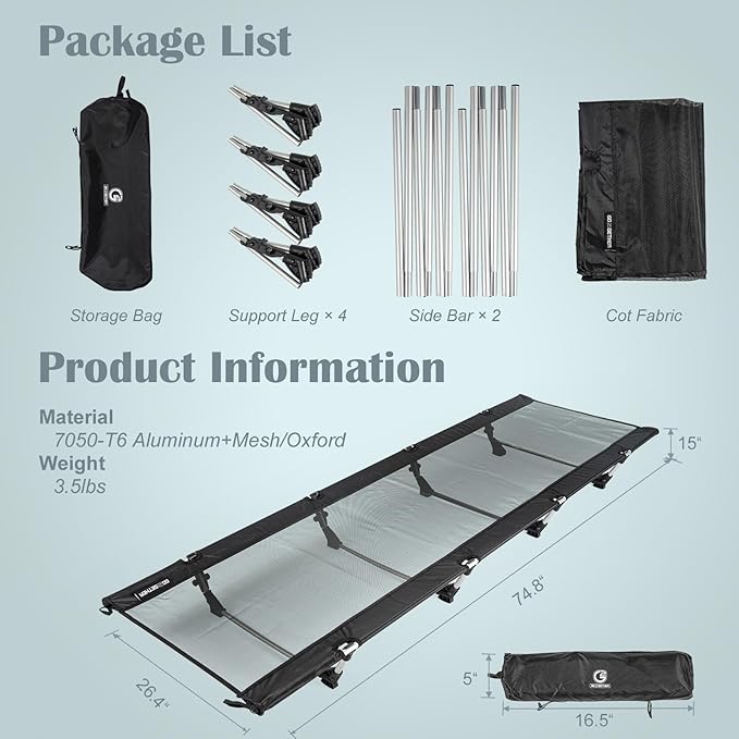G2 Foldable Camping Cot, Durable Travel Tent Cot, Ultralight for Backpacking, Summer Hiking, Mountaineering, Max Loading Capacity 264lb, Easy to use for Woman & Man, Comes with Storage Bag