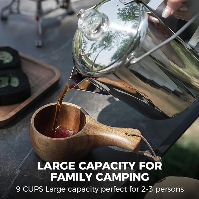 KingCamp Percolator Coffee Pot Campfire Coffee Boiler Kettle 304 Stainless Steel with Wood Handle for Outdoor Camping Cookware, Cabin, RV, Kitchen, Hunting & Backpacking, NO Aluminum or Plastic 9 Cup