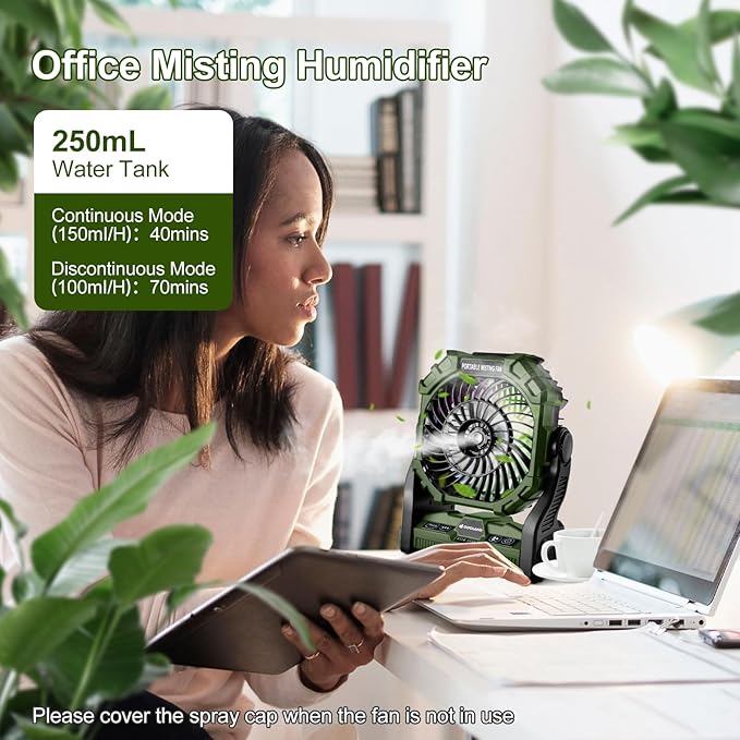Odoland Portable Misting Fan with LED Light, 20000mAh Battery Operated Rechargeable Camping Mister Fan with 250mL Water Tank and Hook, Outdoor Tent Cooling Mist Fans for Patios Beach, Green