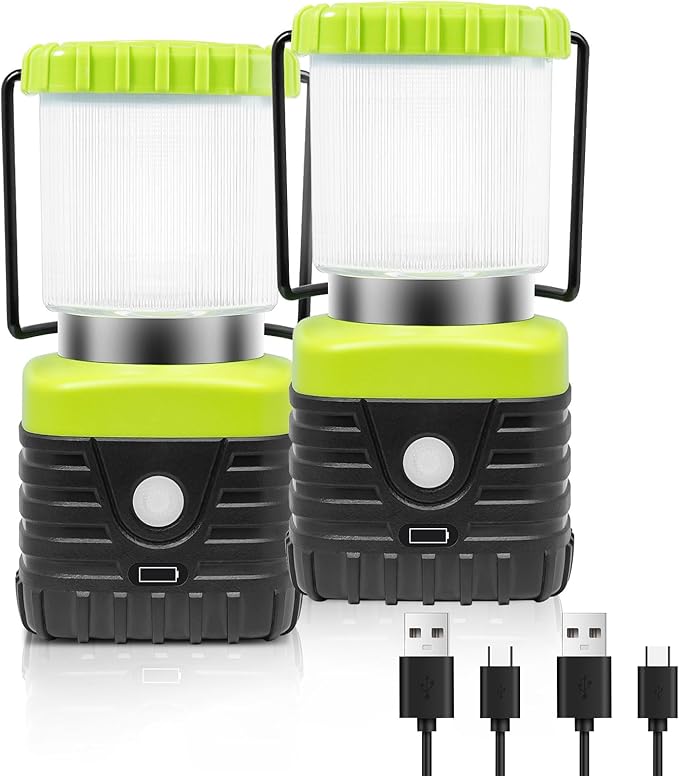 2PCS 6500K White Light LED Camping Lantern Rechargeable 1000LM, 4500mAh Power Bank, Flashlight for Hurricane Emergency, Hiking, IP44 Waterproof Lantern(Green)