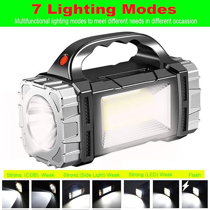 Solar Rechargeable LED Soptlight Flashlight, Super Bright 7000LM Handheld LED Searchlight, Multifunctional Camping Lantern Light, 8 Light Modes, Waterproof IPX4, Power Bank, for Emergency, Home
