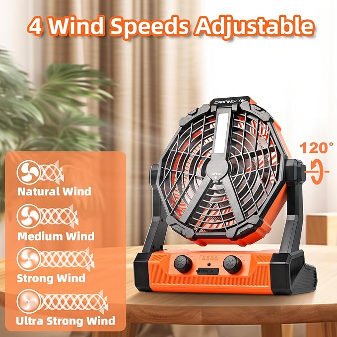 Camping Fan Ventilador Recargable 20000mAh Battery Operated With LED Lantern/Hook/Remote Auto Oscillating 60 Hrs Work Cordless Tent Fan for Emergency, Camping, Outdoor