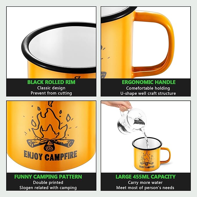 HaSteeL Camping Enamel Mug Set of 6, 16oz/455ml Coffee Cup with Pattern for Milk Tea Beer Drinking, Portable for Home Office Campfire Travel Hiking Backpack Indoor & Outdoor, Light-weight & Durable