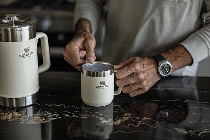 Stanley Classic Stay-Hot French Press Coffee Maker 48 oz | 5 Minute Brew, 4 Hours Hot | Mesh Filter for Coffee Grounds | Insulated Stainless Steel French Press | BPA-Free | Cream Gloss