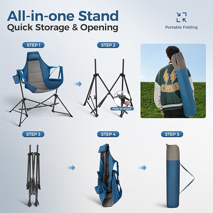 ALPHA CAMP Hammock Folding Rocking Chair with Cup Drink Holder, High Back Padded Swinging Chair for Outdoor,Camping, Lawn,Backyard,Picnic, Steel, Heavy Duty Portable Oversized(Blue)