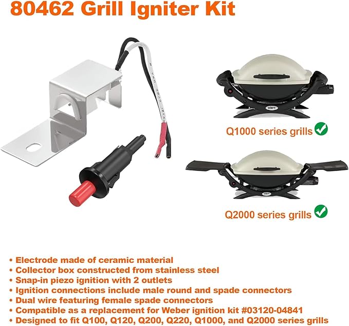 SafBbcue 80462 Grill Igniter Replacement for Weber Q1000/Q2000 Grill Accessories Replacement Parts,for Weber Q100 Q200 Gas Grill Ignitor for Weber 386001 386002 566001 Grill Parts, Ignition Button