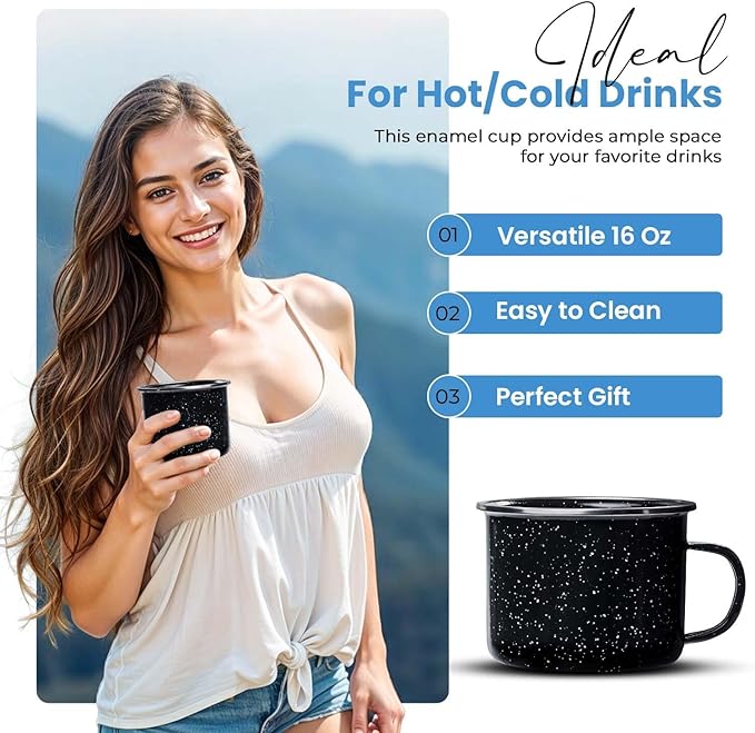 Toughty Enamel Camping Mug – Retro Vintage Campfire Tin Cup, Rustic Backpacking Mug for Hiking, Coffee, Farmhouse, Diner, Hot Drinks, Tinware, and Backpacking Gear – Set of 4 – Black – 16 Oz