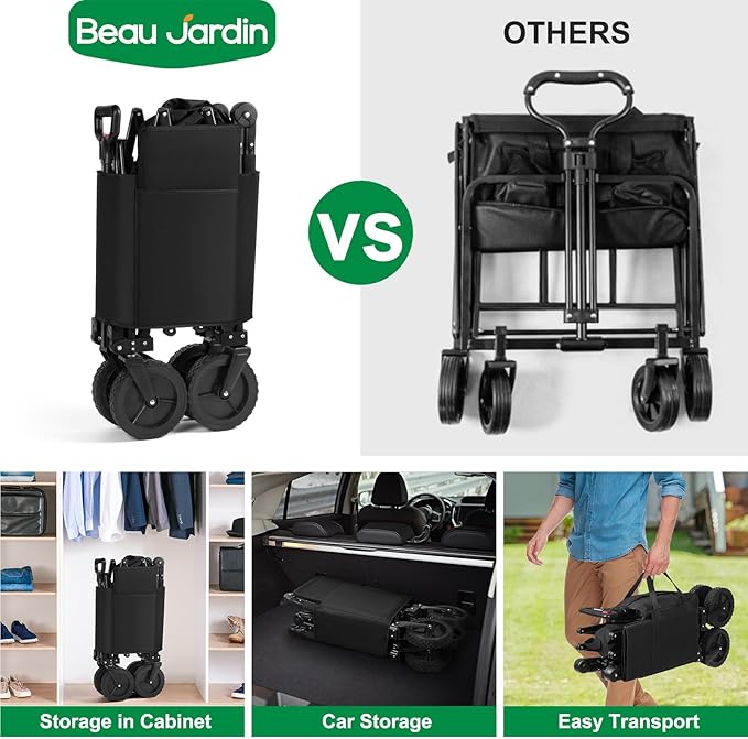 BEAU JARDIN Collapsible Folding Push Pull Wagon Cart 330lbs Heavy Duty 150L Foldable Garden Cart with All Terrain Wheels Portable Utility Wagon Cart for Camping Fishing Sports Shopping Black