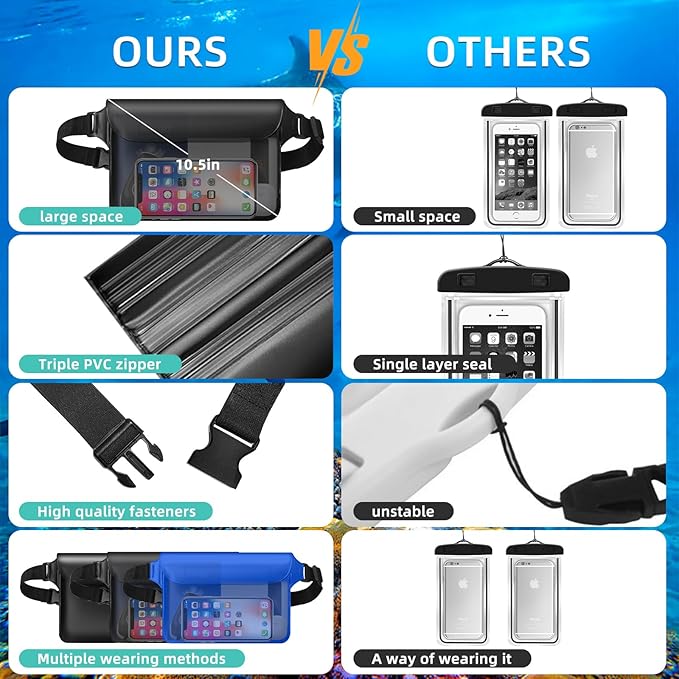 Waterproof Fanny Pack 2 Pack 8.9" Waterproof Pouch for Phone Passport Wallet Purse with Adjustable Waist Strap Kayak Accessories for Travel Beach Cruise Travel Essentials Accessories