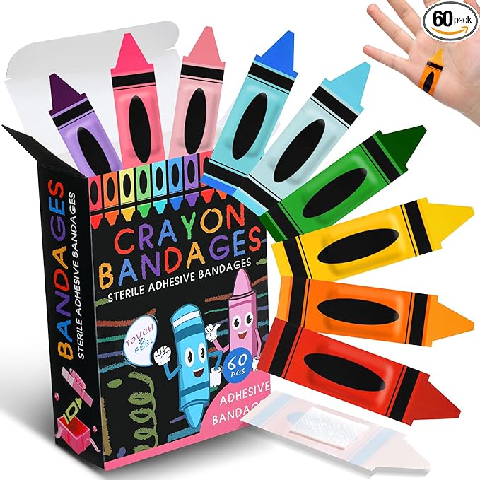 Geiserailie 60 Pcs Back to School Crayon Kids Bandages with Gift Box Self Adhesive Crayon Bandages for Minor Cuts Scrapes Fun First Aid Kit Graduation Gift First Day of School Classroom Party Supplies