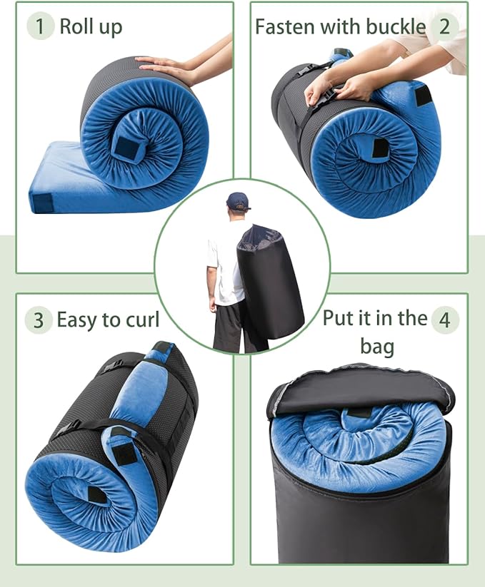 Memory Foam Camping Mattress Sleeping Pad,3 Inch Waterproof Camping Mat to Portable Roll Up Mattress for Floor,Car,Tent Travel,Cot,Soft Thick Sleeping Mat for Kids Adults Camping Sleepover