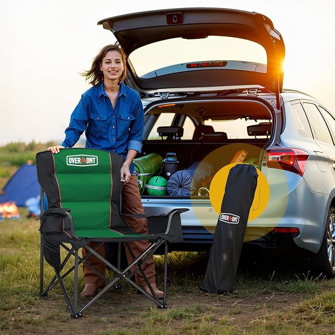 Overmont Oversized Folding Camping Chair - 450lbs Support with Padded Cushion Cooler Pockets - Heavy Duty Collapsible Chairs for Sports Garden Beach Fishing