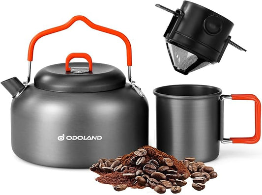 Odoland Camping Coffee Pot Camping Coffee Makers, 1.2L Camping Kettle with Camping Mug and Camp Coffee Filter of Camp Cookware for Hiking Backpacking and Picnic