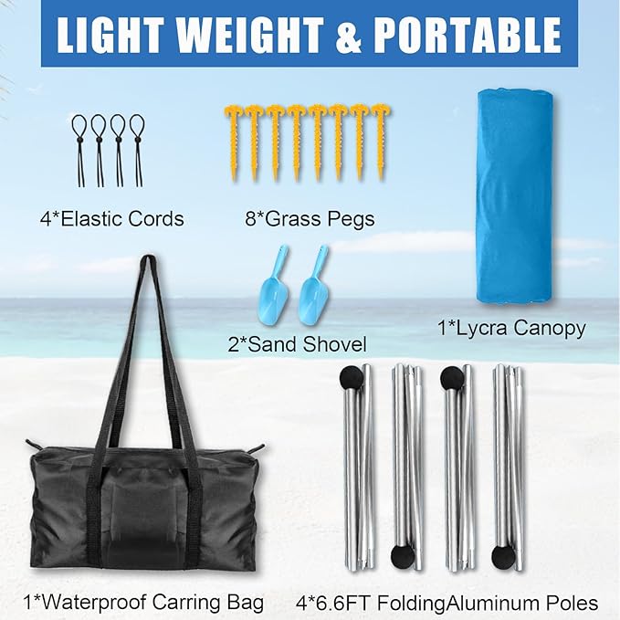 Beach Tent,10x10ft Sun Shelter UPF50+ Includes 8 Sandbags and Ground Pegs-2 Sand Shovel-4 Aluminum Poles-Carrying Bag,Beach Canopy for Camping Trips,Fishing,Backyard Fun or Picnics.