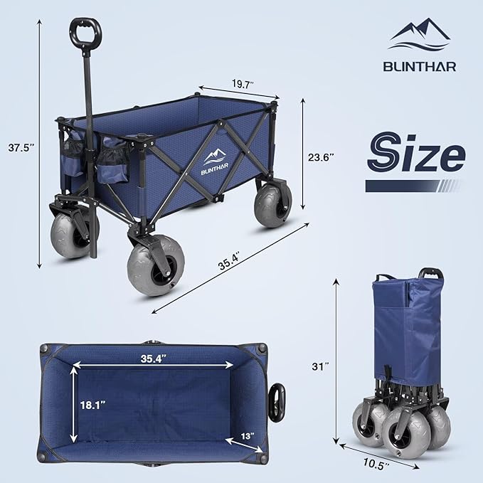 Beach Wagon, Heavy Duty Collapsible Folding Wagon with All-Terrain 9" Pneumatic Tires & Drink Holders, Utility Grocery Wagon for Garden Sports Camping Outdoor Activities