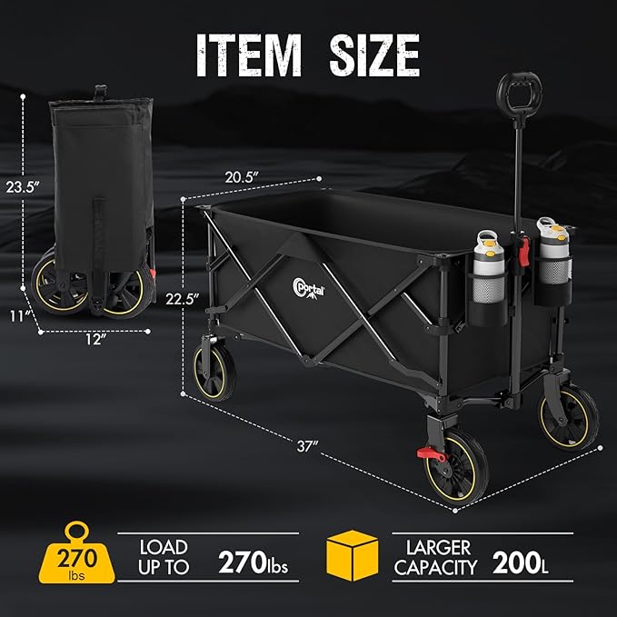 PORTAL Collapsible Folding Wagon Cart, 270 lbs Heavy Duty Foldable Wagons with Wheels & Brake, Utility Grocery carts for Apartment, Shopping, Outdoors Camping, Sports, Garden, Beach