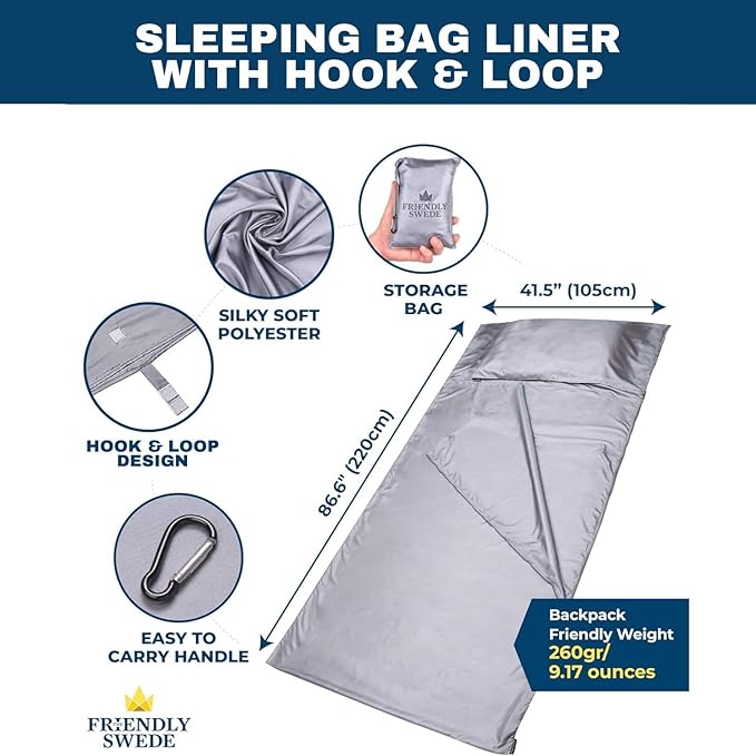 The Friendly Swede Sleeping Bag Liner — Ultralight Polyester or Cold Weather Microfiber Adult Sleep Sack; Thin Travel Sheets for Hotel; Camping Sheets; Travel Sleeping Bag with Pocket-Size Stuff Sack