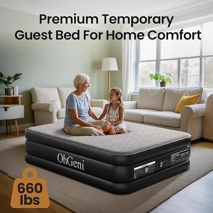 OhGeni 18" Luxury Queen Air Mattress with Built-in Pump, Inflatable Bed with Silk Foam Topper for Superior Comfort, Premium Blow-Up Mattress for Home, Camping & Guest, Easy Setup, Extra Support, Black