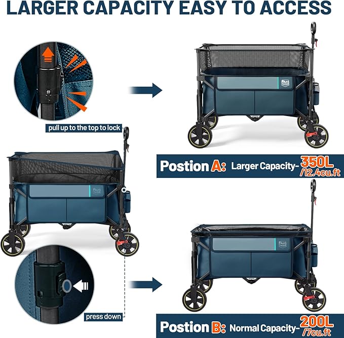 TIMBER RIDGE 350L Extra Large Collapsible Folding Wagon Carts with Brake, Heavy Duty Outdoor Camping Utility Wagons with Extended Height, Adjustable Handle, Cup Holders, Side Bag(Blue)