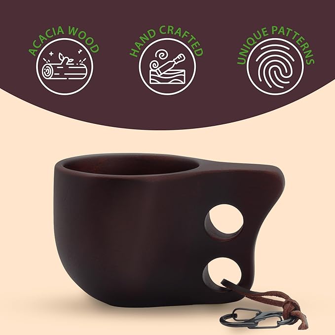Handcrafted Dark Brown Kuksa Wooden Cup - Sturdy Nordic Mug w/Leather Lanyard, Carabiner for Easy Carry - Light-Weight & Easy Grip Kuksa Wooden Cups for Drinking Coffee, Tea - Unique Coffee Gifts
