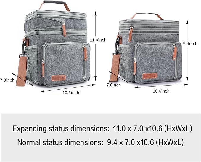 Men's and Women Double Compartment Lunch Bag, Insulated Lunch Cooler Tote 2 Roomy Large Reusable Water-resistant Lunch Box (Grey)
