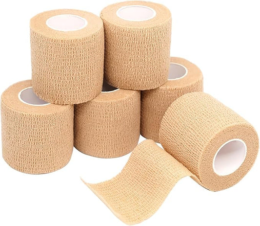 FriCARE Self Adhesive Bandage Wrap, Medical Tape in First Aid Kit, Cohesive Bandages for Wounds Sport Vet, FSA/HSA Eligible, 2 Inches X 5 Yards 6 Rolls, Tan