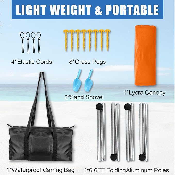 Beach Tent,10x10ft Sun Shelter UPF50+ Includes 8 Sandbags and Ground Pegs-2 Sand Shovel-4 Aluminum Poles-Carrying Bag,Beach Canopy for Camping Trips,Fishing,Backyard Fun or Picnics.