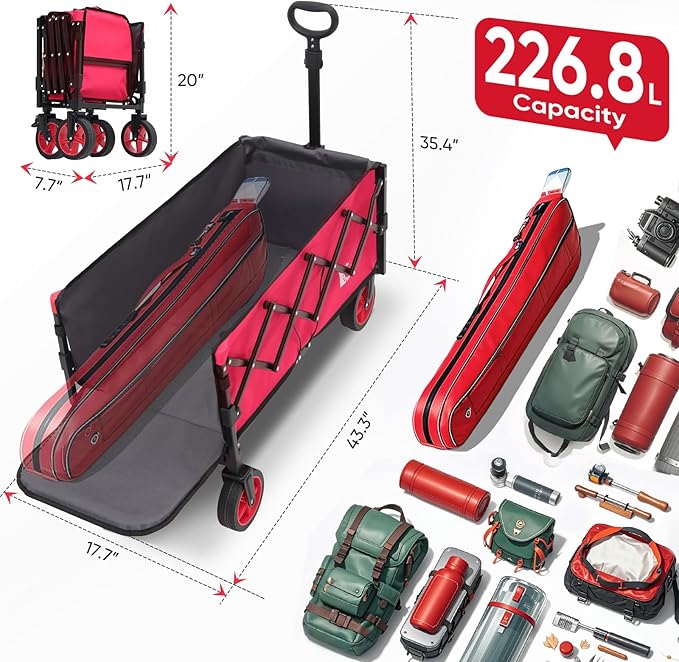 Collapsible Wagon Cart 226.8L - Extra Long Foldable Utility Wagon with Tailgate, Brakes, Anti-Rebounding Handler & 2 Cup Holders, for Groceries, Camping, Shopping, Garden - Pink