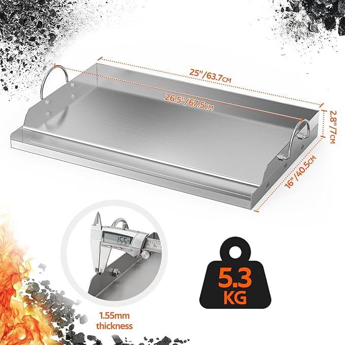 onlyfire Stainless Steel BBQ Griddle, Outdoor Flat Top Griddle Pan with Grease Groove and Handles for Gas and Charcoal Grills, 25”x16”