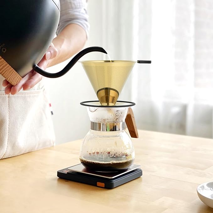 Pour Over Coffee Dripper Filter: Reusable Stainless Steel Coffee Filters - Metal Cone Filter Paperless Single Cup Coffee Maker 1-4 Cup with Double Mesh & Non-slip Cup Stand Gold