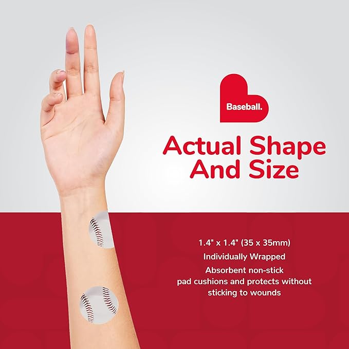 BioSwiss Bandages, Baseball Shaped Self Adhesive Bandage, Latex Free Sterile Wound Care, Fun First Aid Kit Supplies for Kids, 24 Count