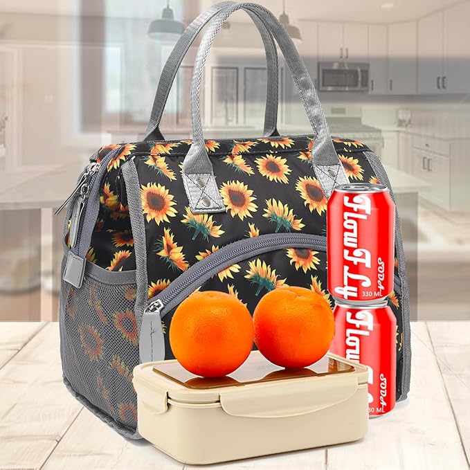 FlowFly Insulated Lunch Bag for Women, Men, Large and Reusable, Handle, Work and Travel Tote and Meal Prep Organizer, SunFlower